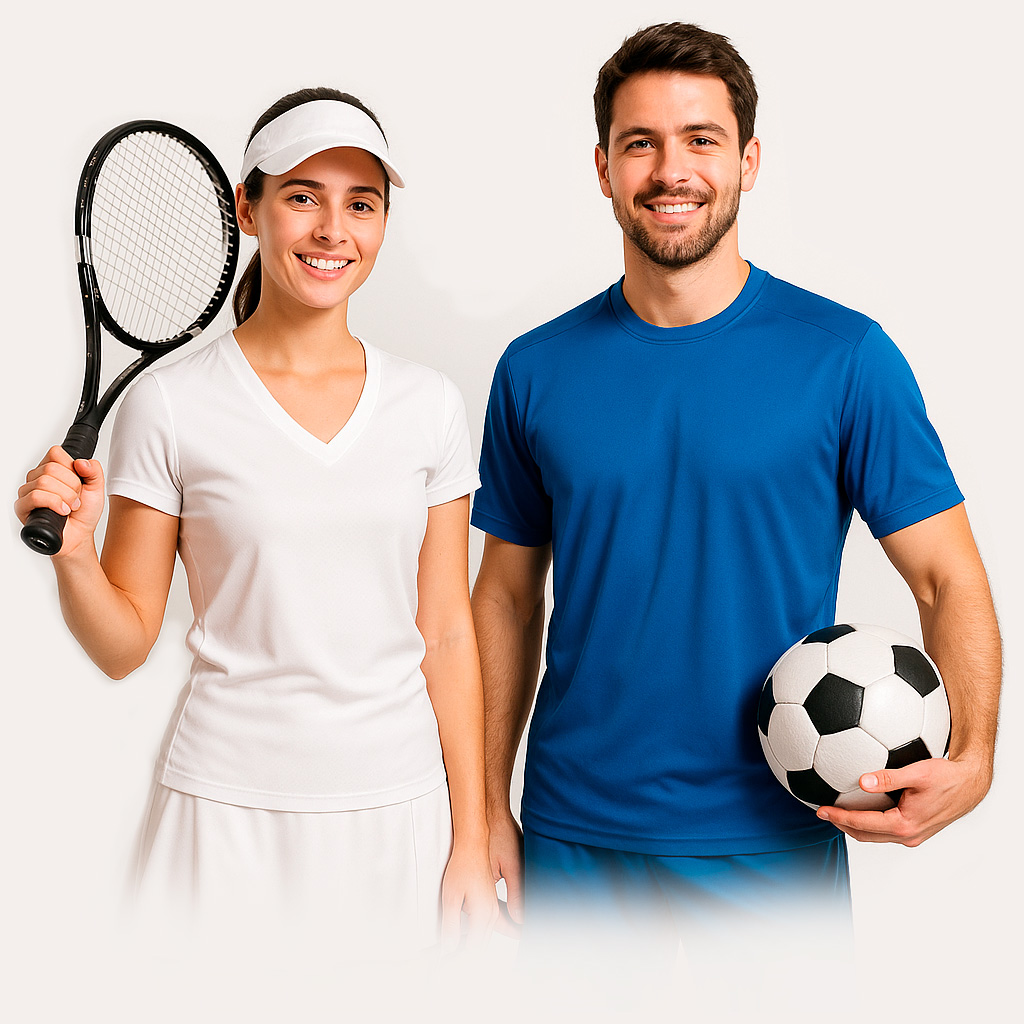 Homem praticando futebol e mulher jogando tênis, esportes com maior risco de lesão do ligamento cruzado anterior (LCA)
