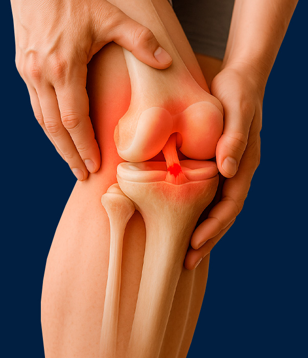 Imagem ilustrativa de joelho lesionado com possível ruptura do ligamento cruzado anterior (LCA)