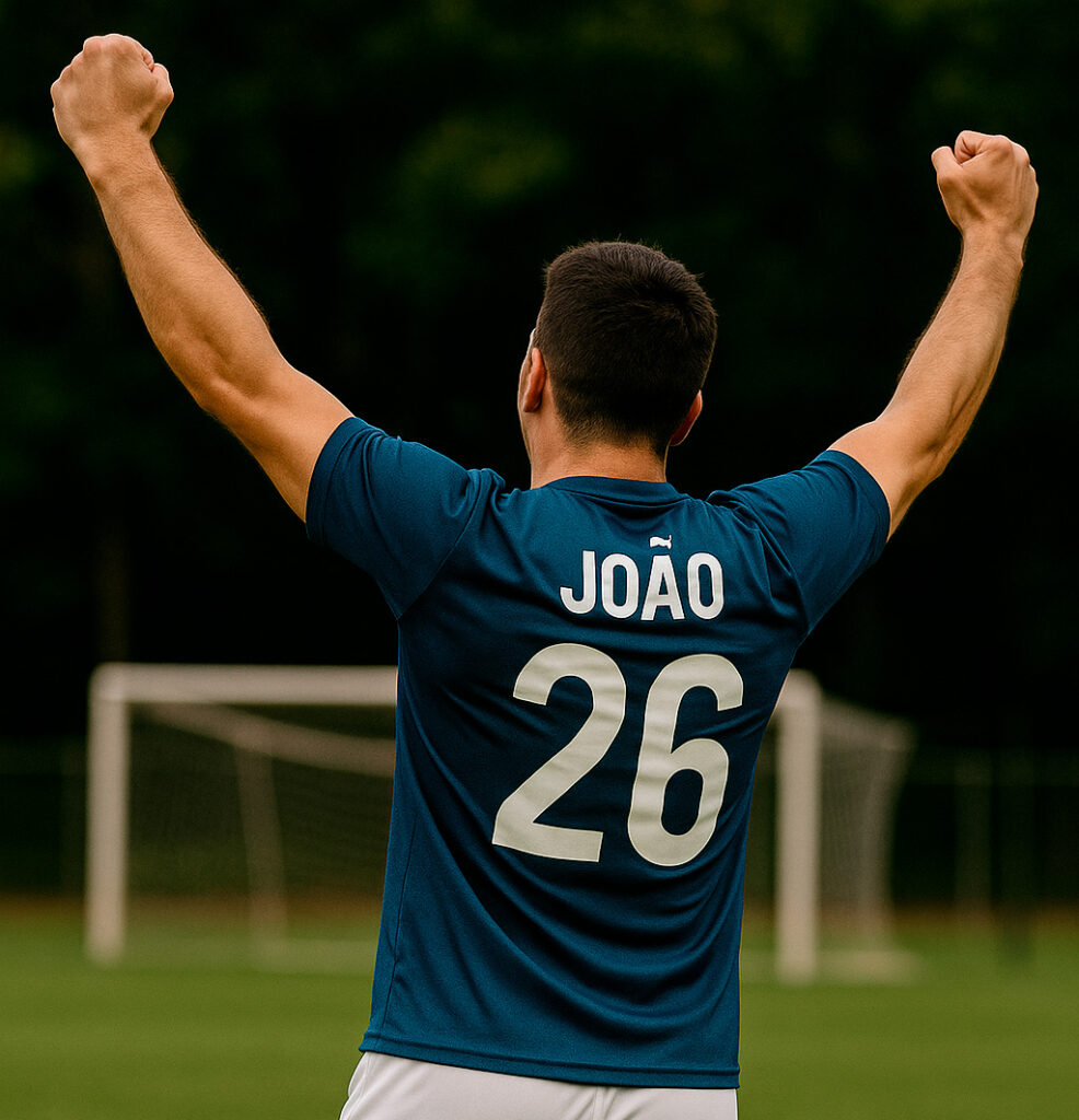 Jogador de futebol comemorando gol após recuperação de lesão do ligamento cruzado anterior (LCA), com o nome João e número 26 na camisa