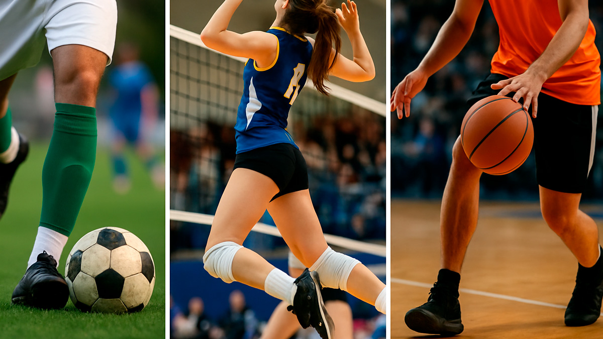 atletas praticando futebol, vôlei e basquete — esportes com maior risco de lesão do LCA