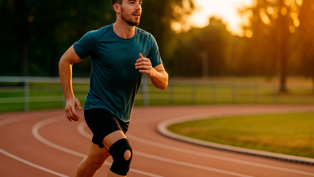 atleta correndo com proteção no joelho após recuperação de lesão no LCA