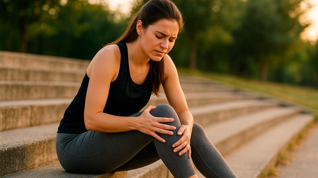 mulher jovem sentada com expressão de dor no joelho após exercício, representando casos de artrose em pessoas jovens