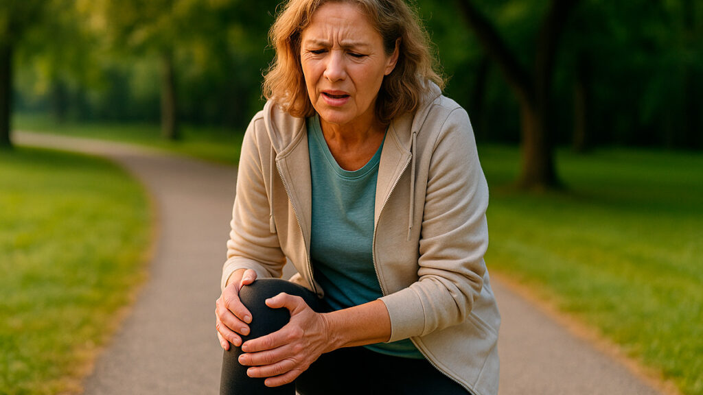 mulher de meia idade com expressão de dor segurando o joelho durante caminhada no parque, representando causas da artrose de joelho