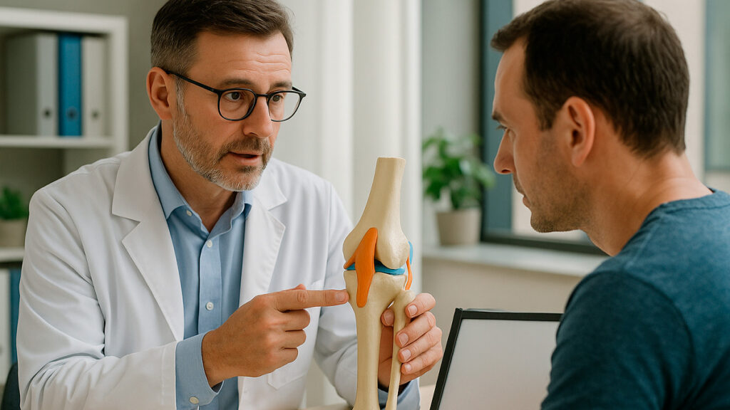 Ortopedista mostrando em modelo anatômico a diferença entre ligamento e menisco para paciente em consultório.