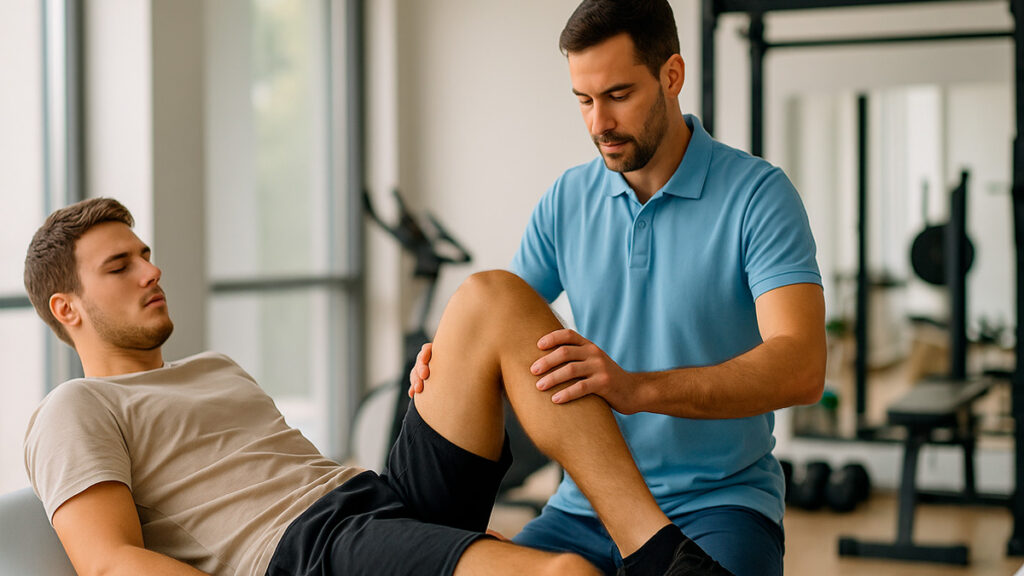fisioterapeuta auxiliando paciente jovem em exercício de reabilitação do joelho após cirurgia de LCA, em clínica bem iluminada.