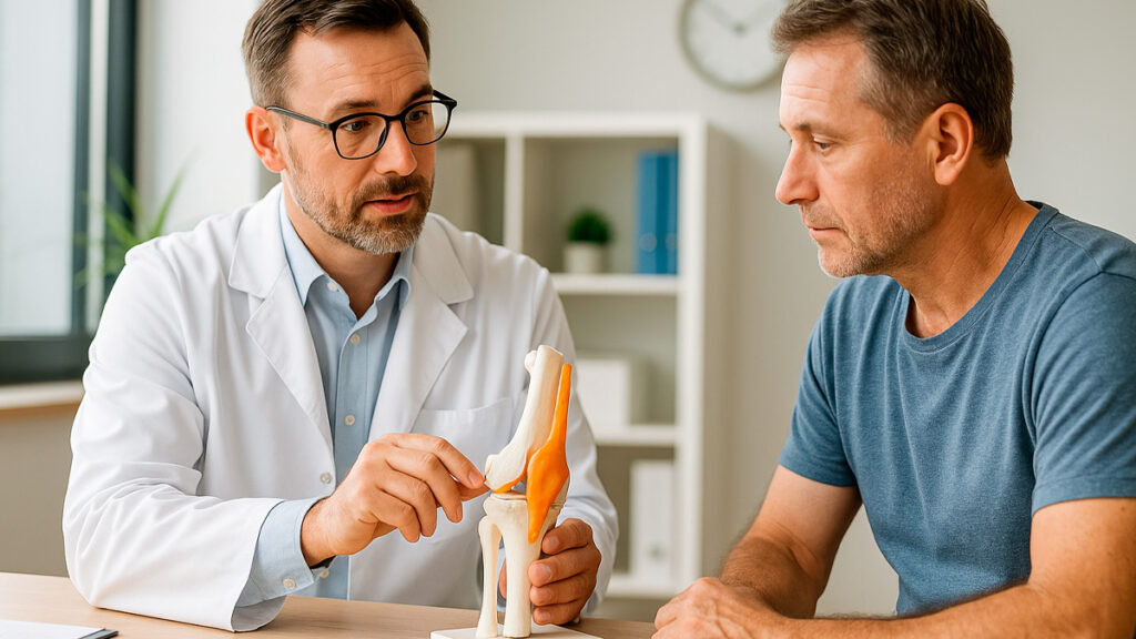 Médico ortopedista explicando a um paciente o uso da infiltração no tratamento da artrose de joelho.