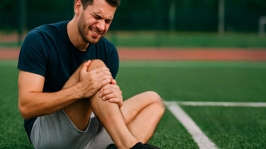 jovem atleta sentado no campo com expressão de dor e segurando o joelho, ilustrando lesão no ligamento cruzado anterior (LCA) após prática esportiva.