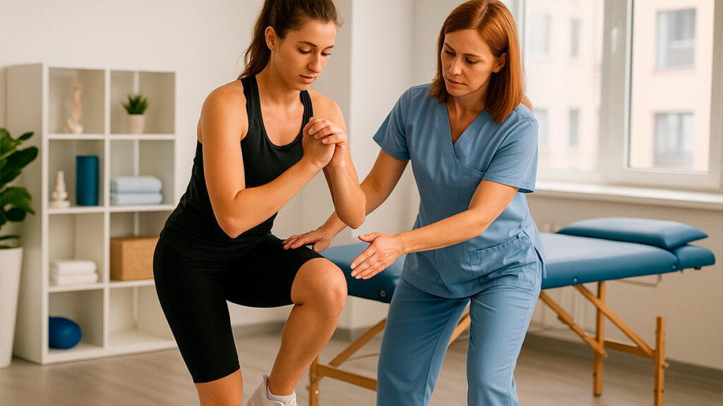 Jovem mulher realizando exercício de prevenção de lesão no joelho com fisioterapeuta em clínica de reabilitação.