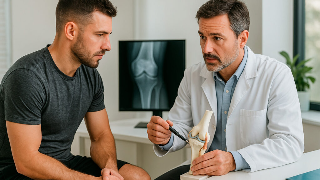 Homem consultando ortopedista sobre lesão no menisco não tratada
