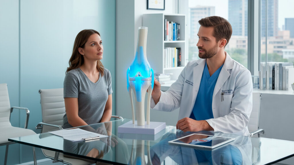 Médico ortopedista explicando tipos de lesão do menisco com modelo anatômico do joelho