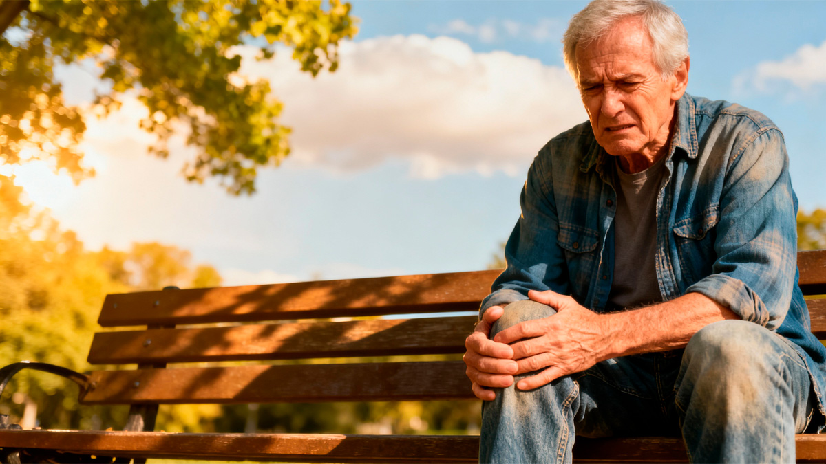 Homem idoso com dor nos dois joelhos sentado em um banco ao ar livre