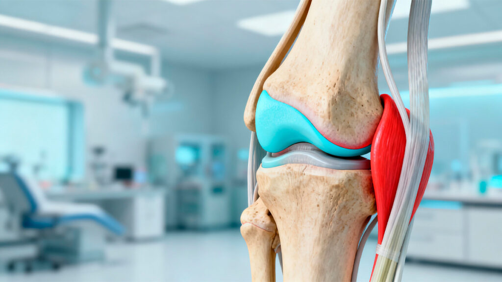 Ilustração realista da anatomia do joelho com destaque para menisco medial e lateral, representando atuação de especialista em joelho