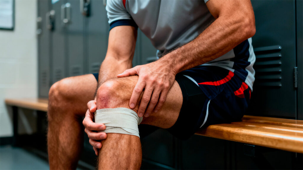 Homem com dor no joelho após lesão de LCA e menisco em ambiente esportivo