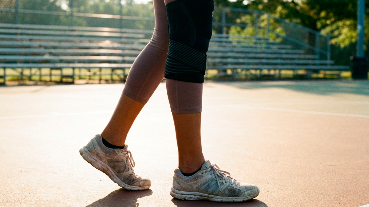Pessoa em pausa na prática esportiva usando joelheira, representando o tempo sem tratar lesão do LCA